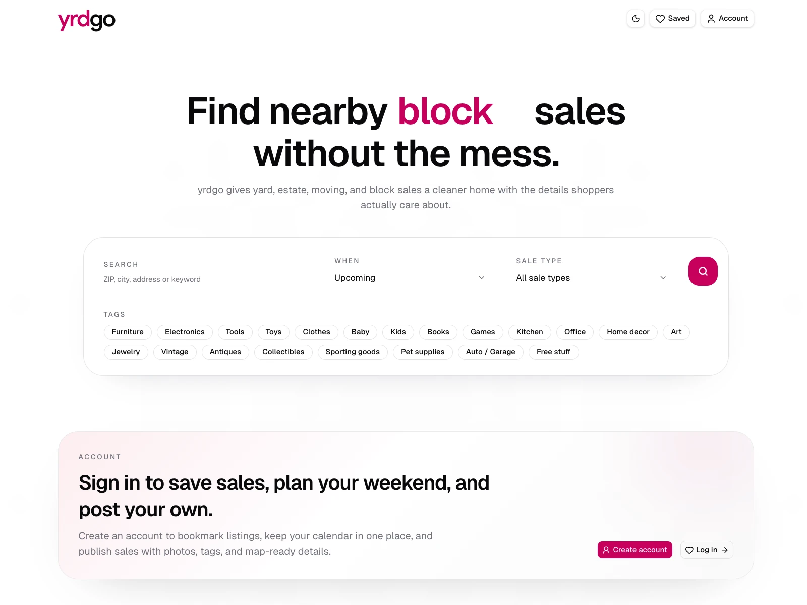 Yrdgo search experience for nearby yard and estate sales